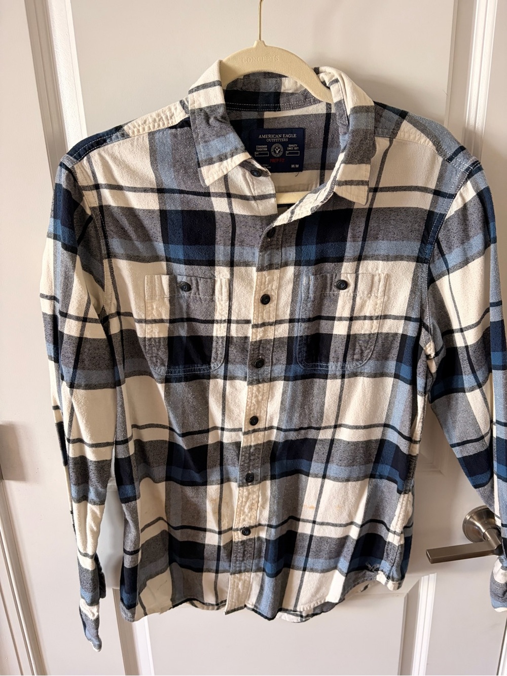 American Eagle Outfitters Men’s Blue, White and Gray Plaid Button-Up Shirt